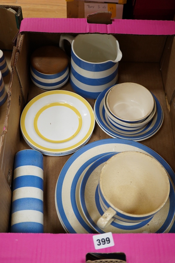 A large collection of Cornishware, cheese dome, butter, sugar, dishes etc